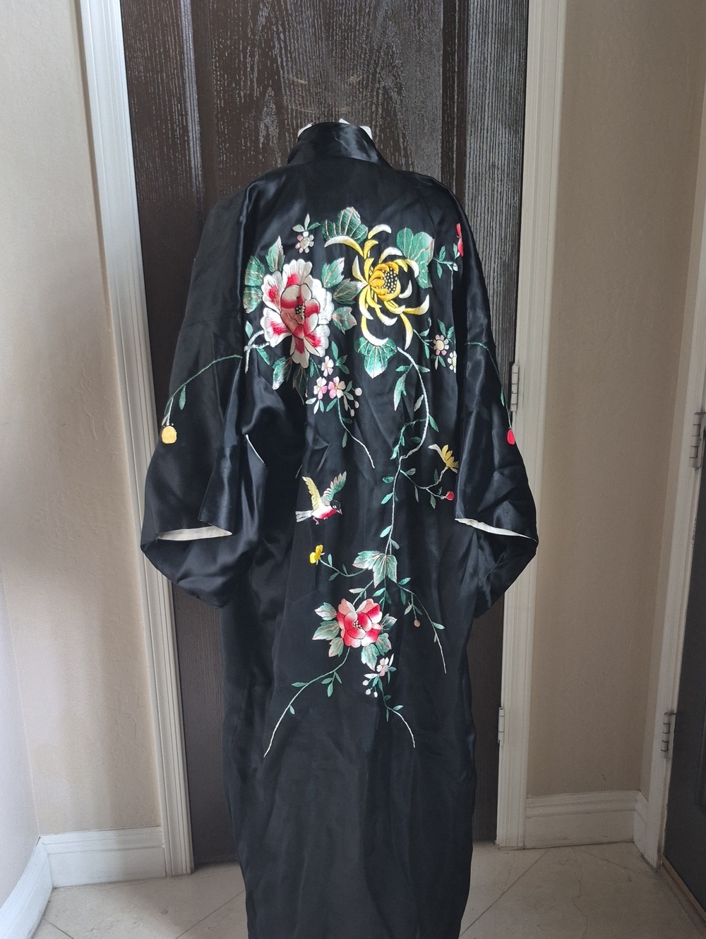 Vintage Black Satin Kimono Robe with Multicolor Floral Embroidery